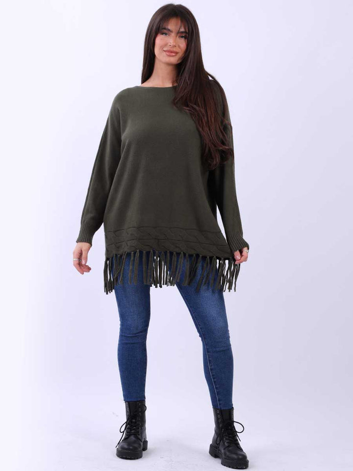 Knitted Fringe Tunic Jumper Khaki