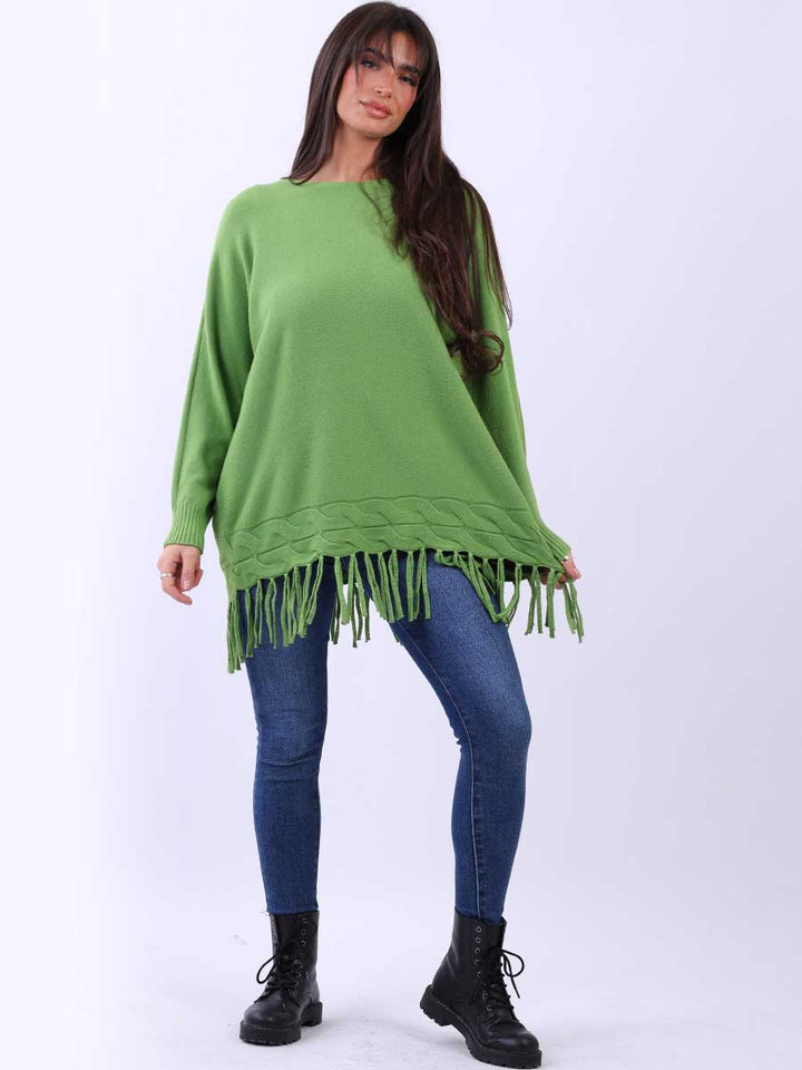 Knitted Fringe Tunic Jumper Lime Green