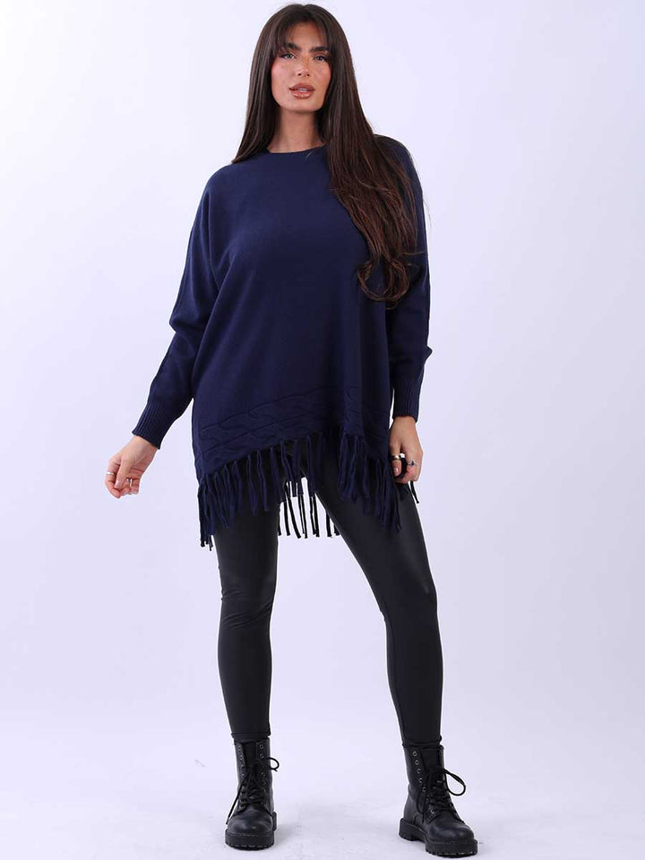 Knitted Fringe Tunic Jumper Navy