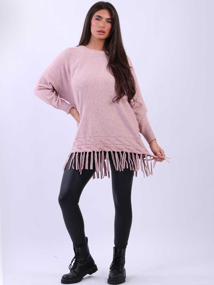 Knitted Fringe Tunic Jumper Pink