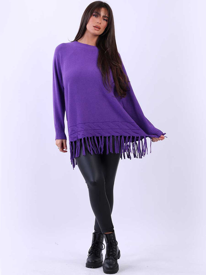 Knitted Fringe Tunic Jumper Purple