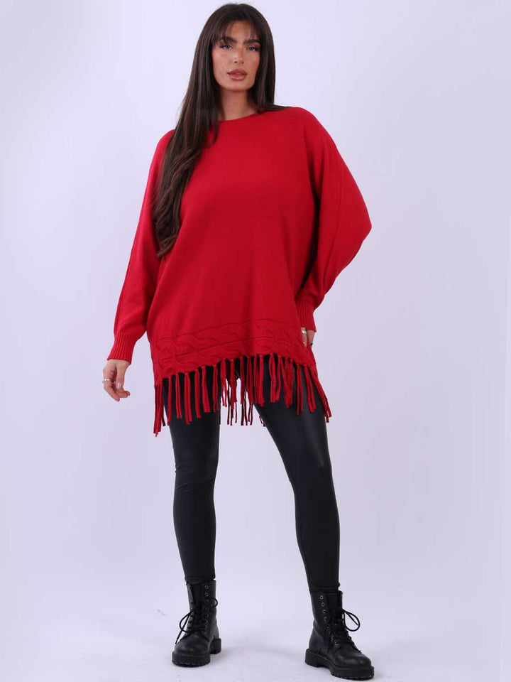 Knitted Fringe Tunic Jumper Red
