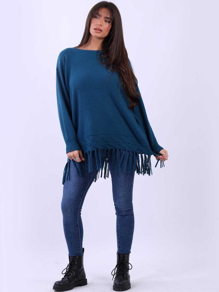 Knitted Fringe Tunic Jumper Teal