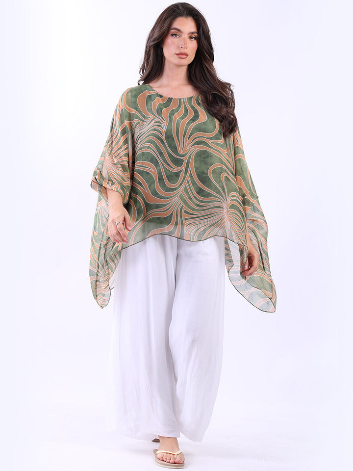 Batwing Silk Tunic Top-Khaki