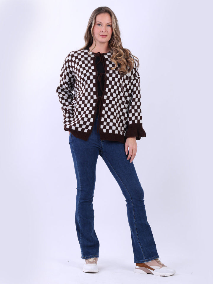 Gingham Wool Knitted Cardigan Chocolate