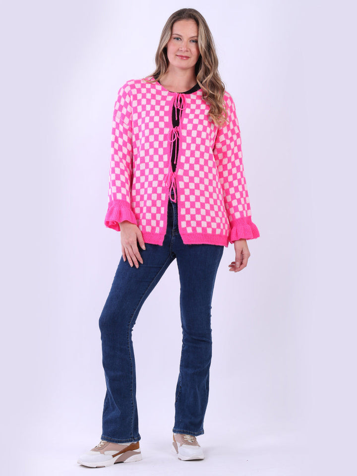 Gingham Wool Knitted Cardigan Fuchsia