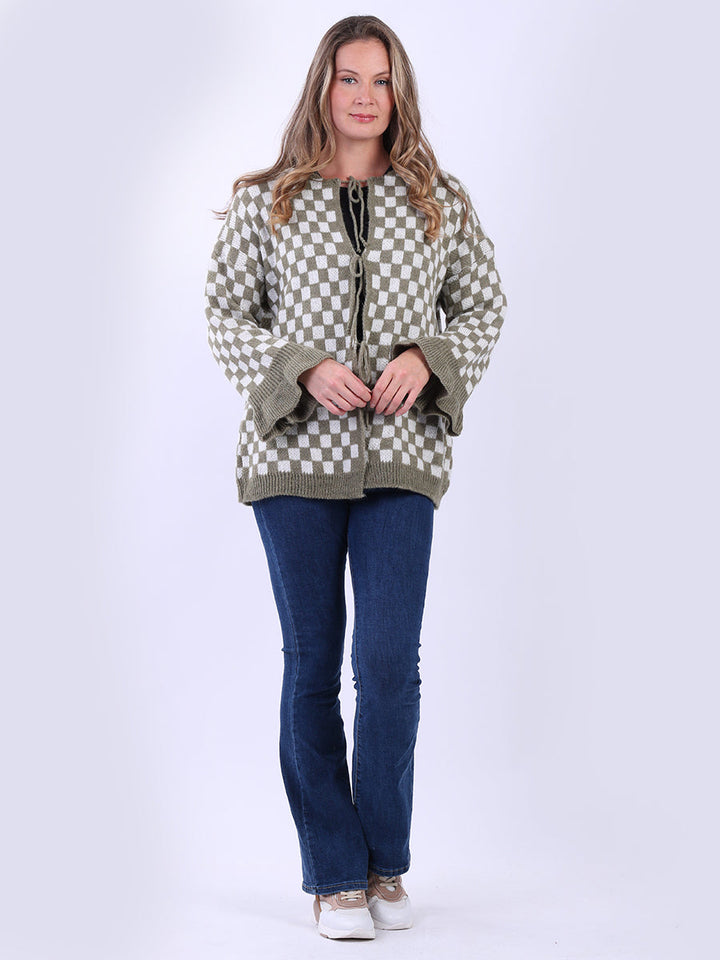 Gingham Wool Knitted Cardigan Khaki