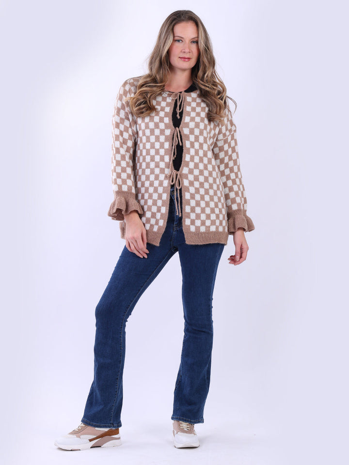 Gingham Wool Knitted Cardigan Mocha