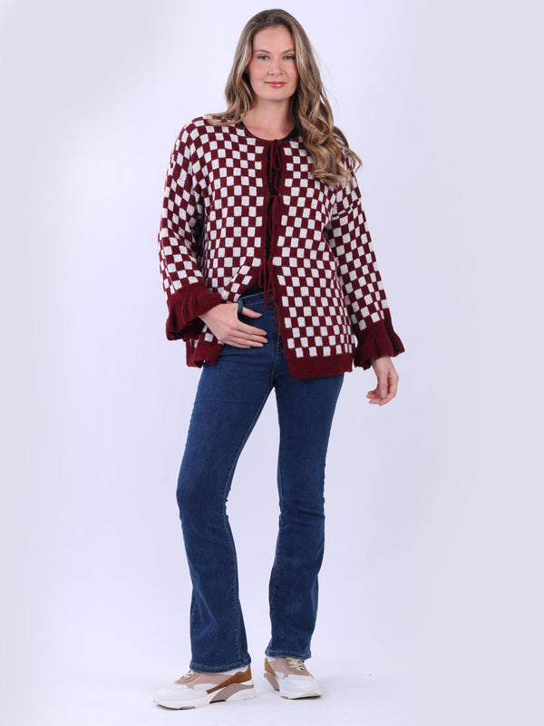 Gingham Wool Knitted Cardigan Wine