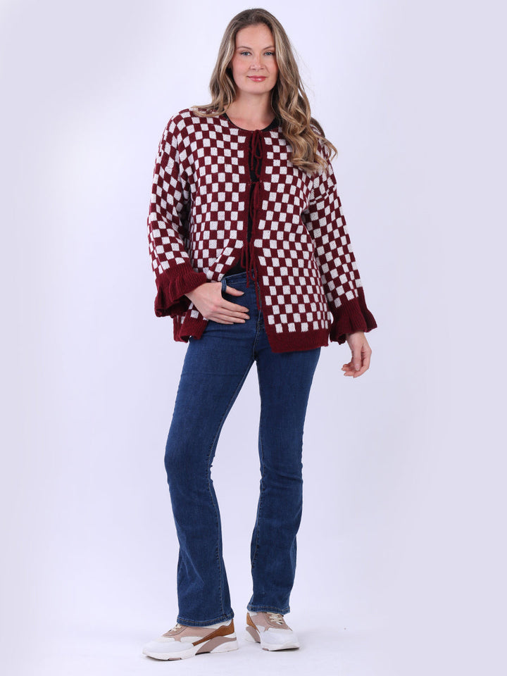 Gingham Wool Knitted Cardigan Wine