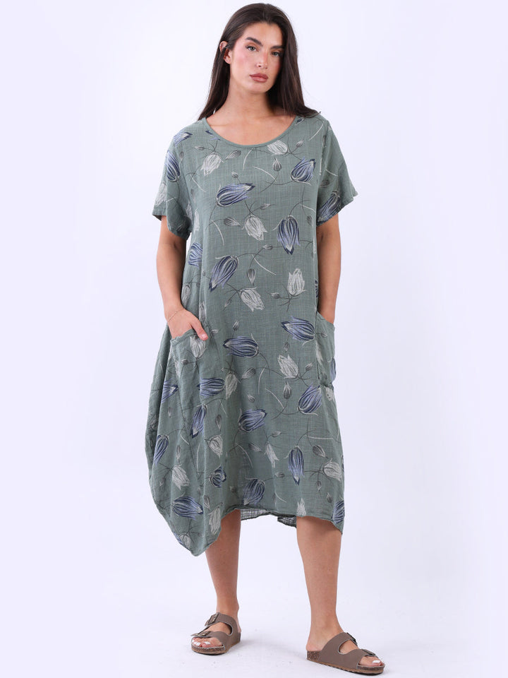 Tulip Lagenlook Cotton Dress Khaki