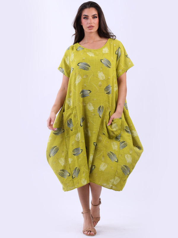 Tulip Lagenlook Cotton Dress Lime Green