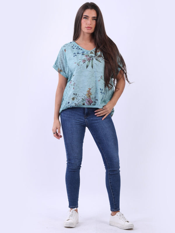 Italian Vintage Washed Floral Print Linen Lagenlook Crop Top