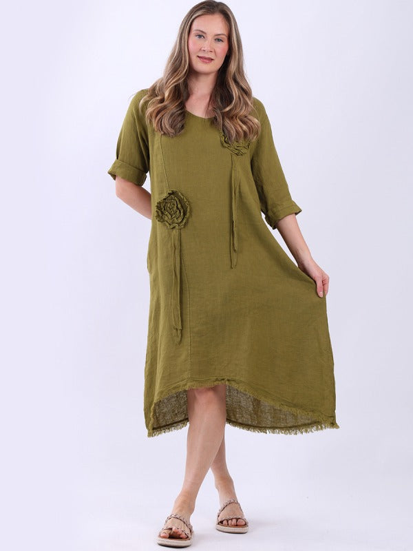 Plus Size Flower Applique Linen Dress Olive