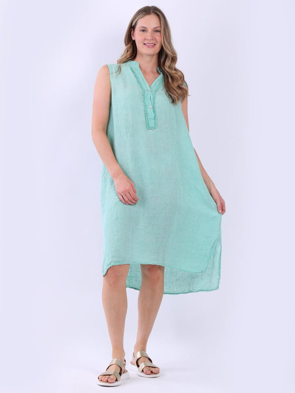 Italian Plain Sleeveless Front Lace Placket Linen Lagenlook Shift Dress