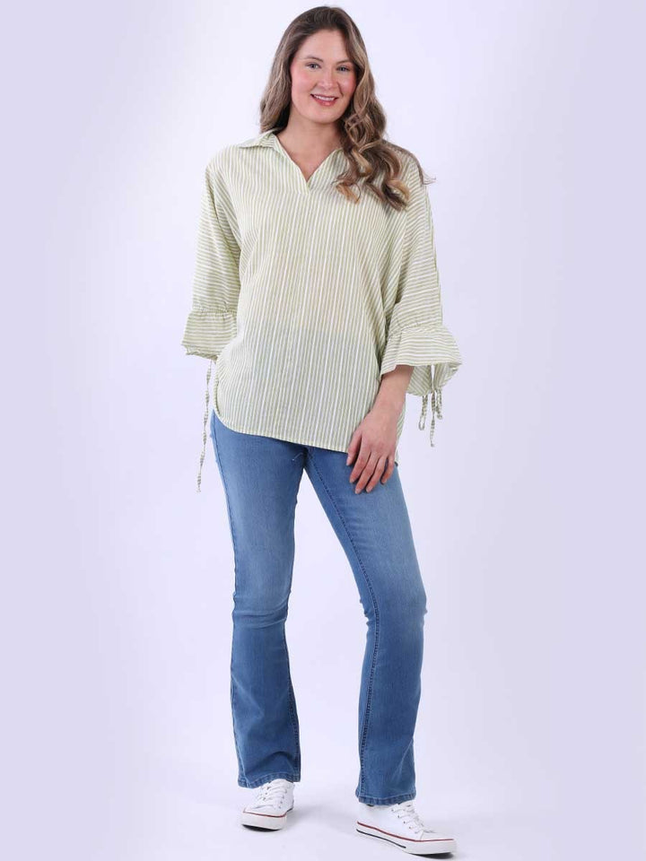 Stripy Batwing Cotton Shirt Lime Green