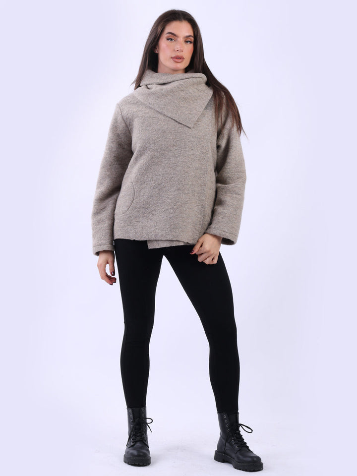 Cowl Neck Woolen Jacket-Beige