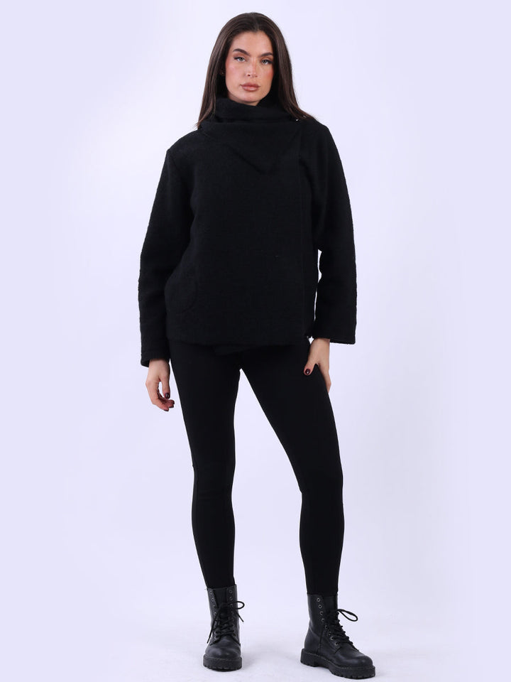 Cowl Neck Woolen Jacket-Black