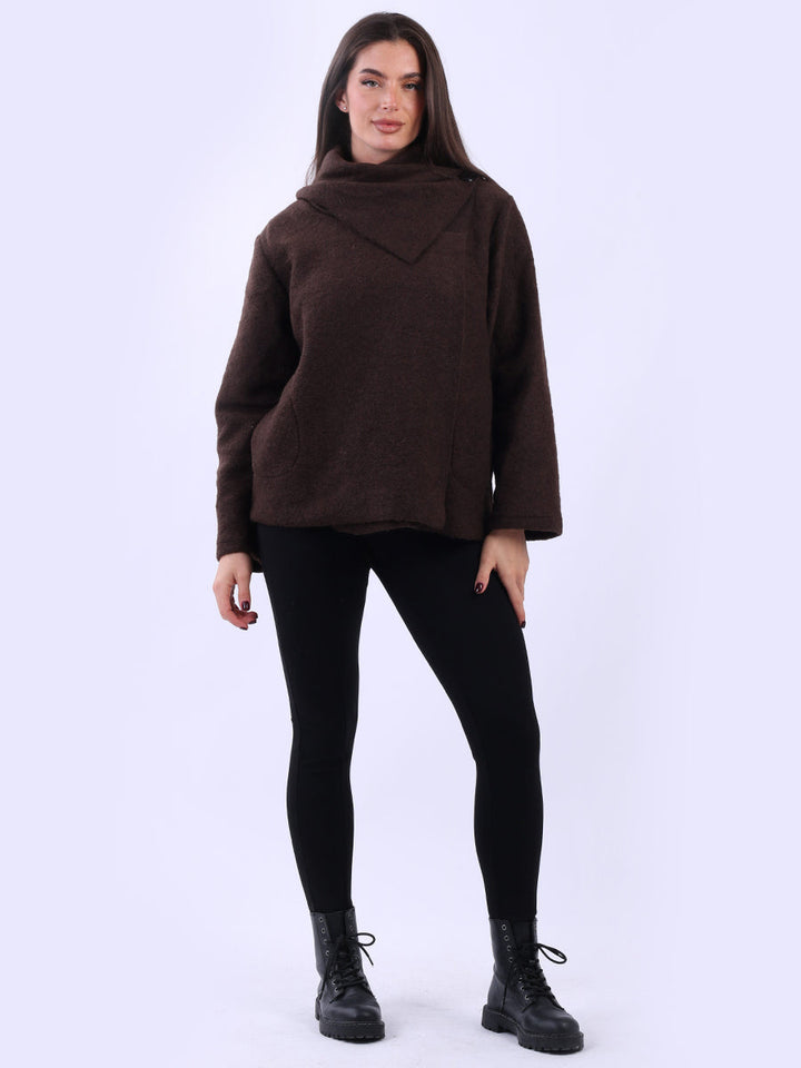 Cowl Neck Woolen Jacket-Chocolate