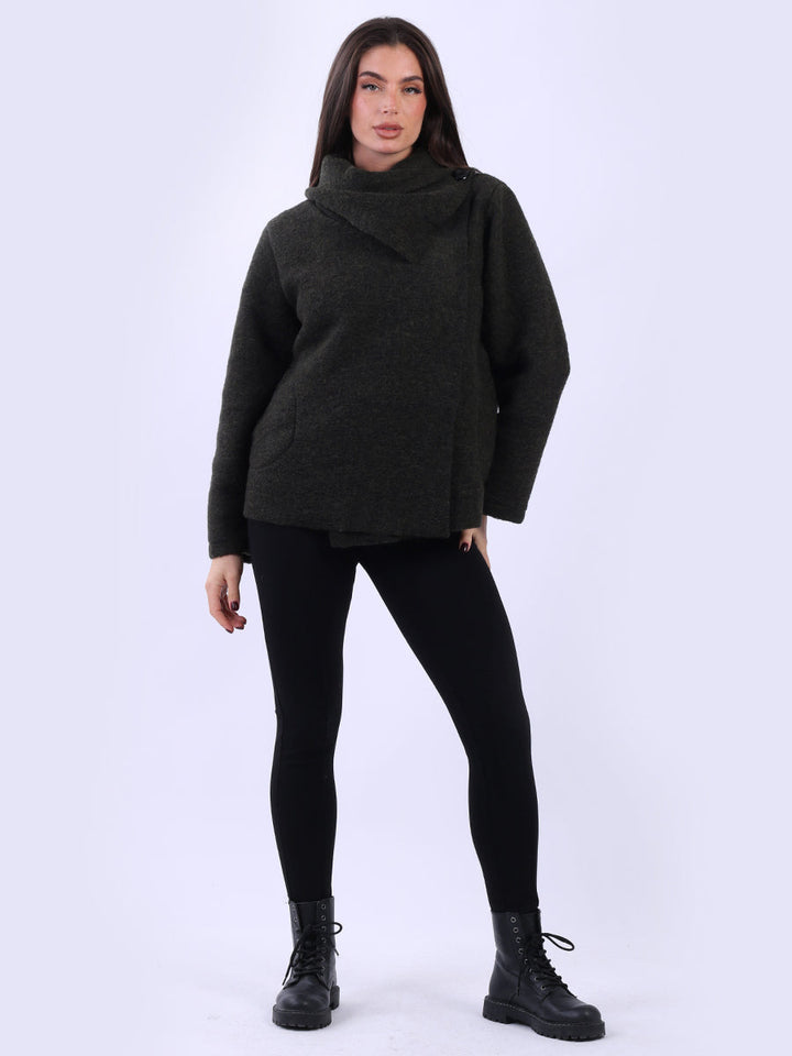 Cowl Neck Woolen Jacket-Khaki