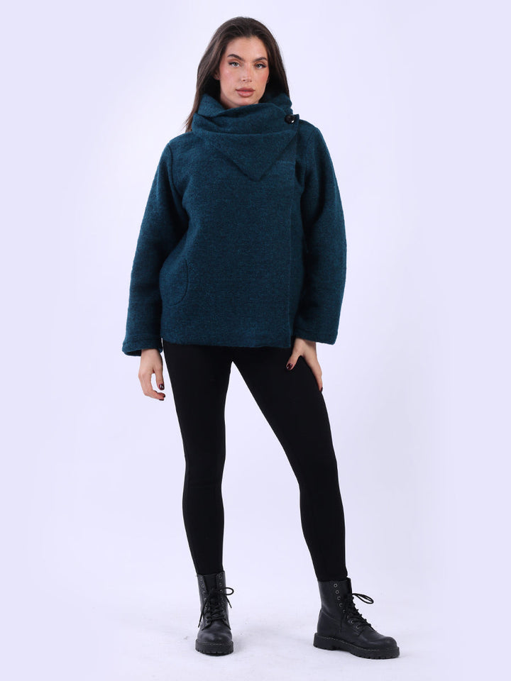 Cowl Neck Woolen Jacket-Teal
