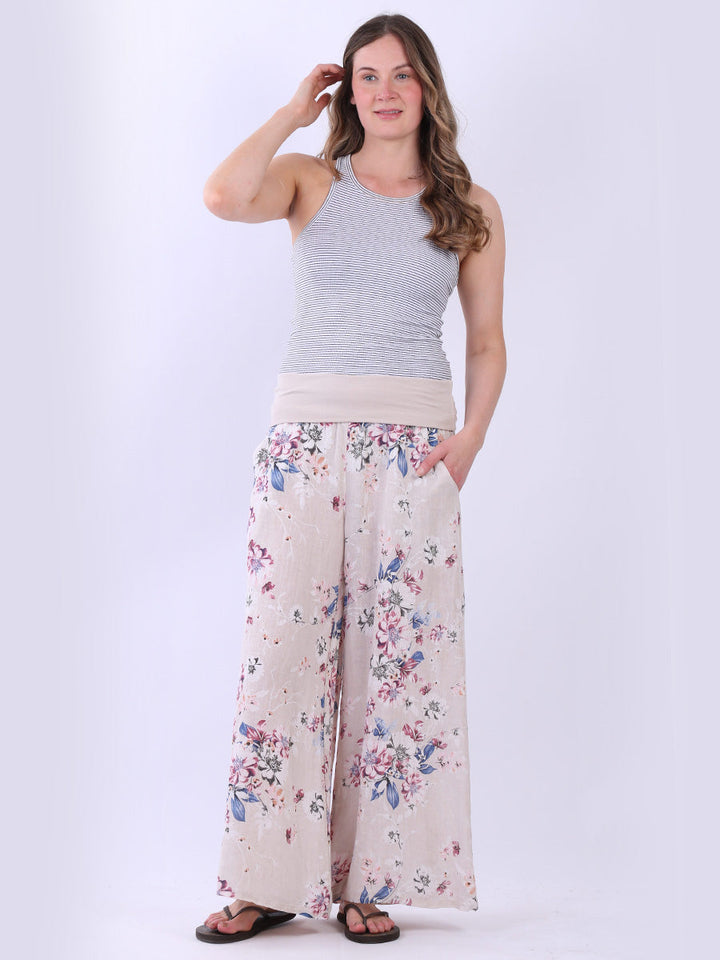 Floral Wide Leg Linen Palazzo Beige