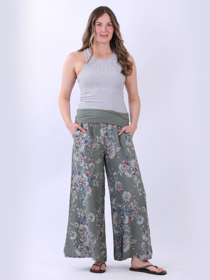 Floral Wide Leg Linen Palazzo Khaki