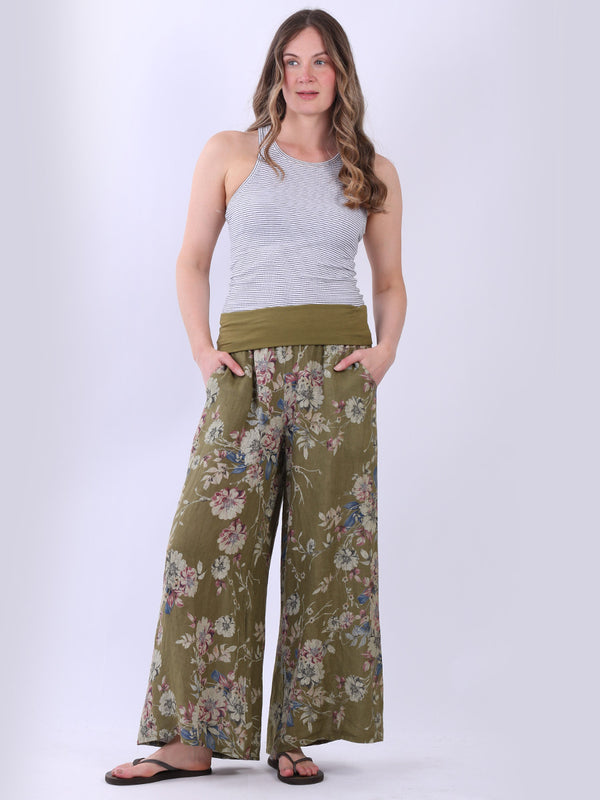 Floral Wide Leg Linen Palazzo Olive