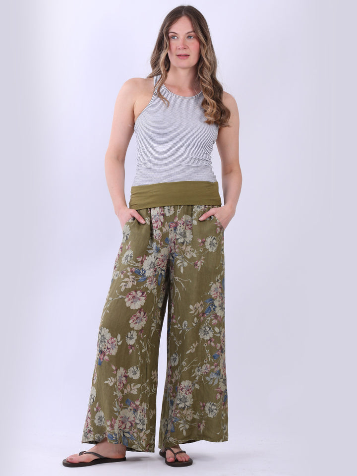 Floral Wide Leg Linen Palazzo Olive