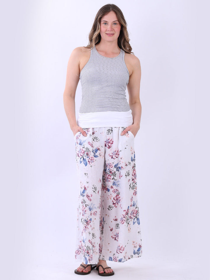 Floral Wide Leg Linen Palazzo White