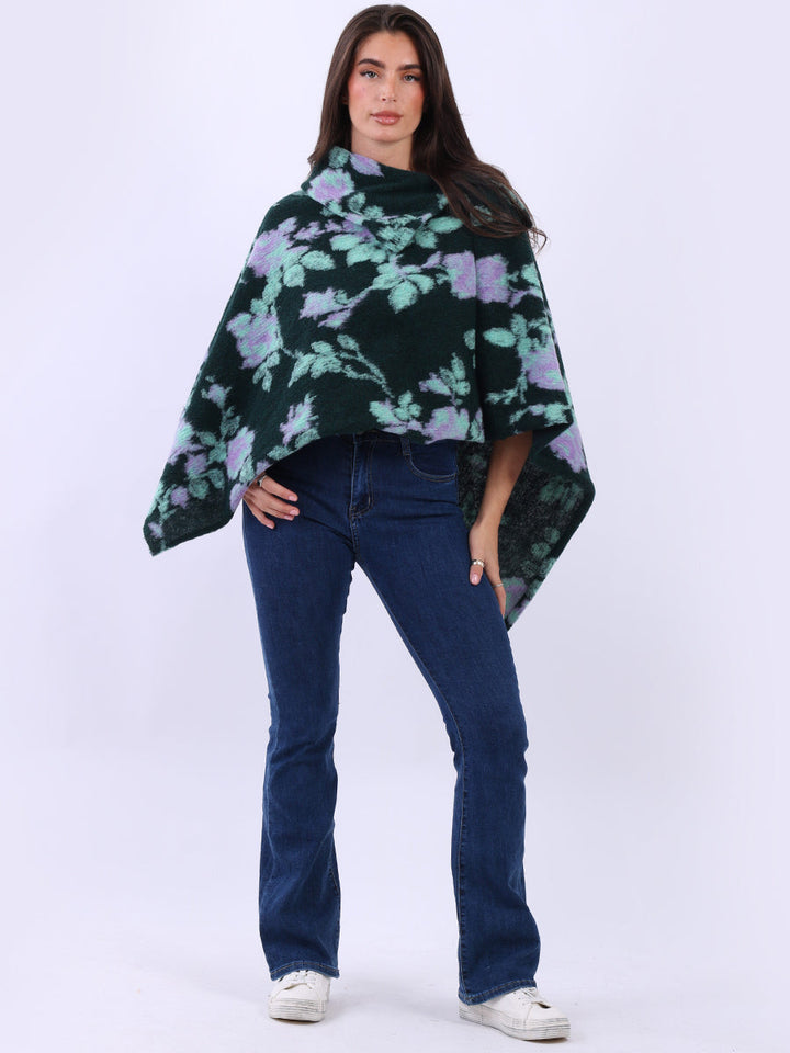 Oversized Knitted Wooly Poncho Bottle Green