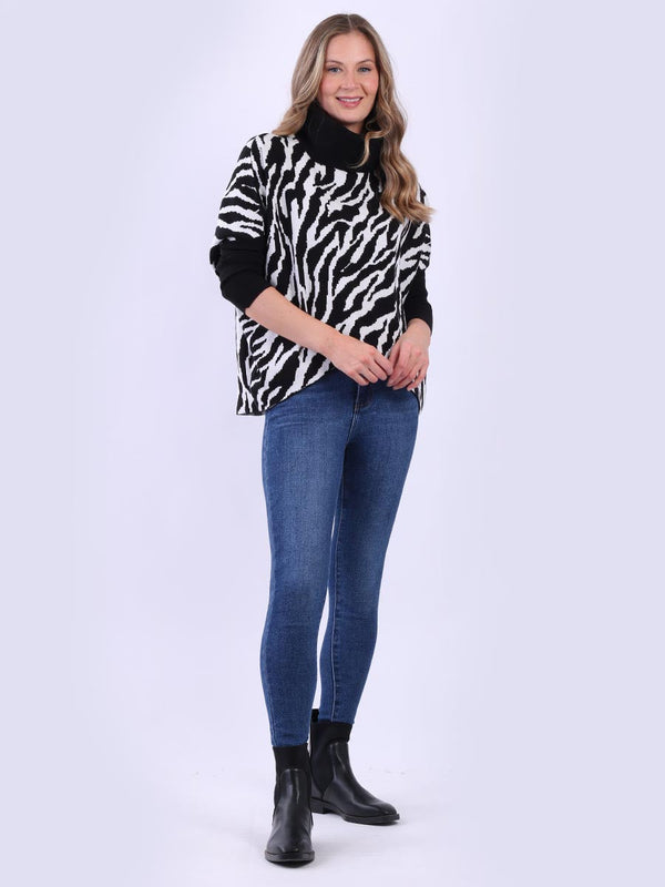 Zebra Print Cowl Neck Lagenlook Knitted Ladies Batwing Jumper