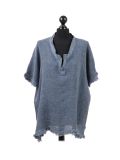 Italian Acid Dye Plain Linen Lagenlook Top-navy
