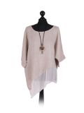 Italian Asymmetric Necklace Embellished Lagenlook Linen Top-Beige