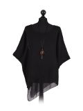 Italian Asymmetric Necklace Embellished Lagenlook Linen Top-Black