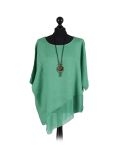 Italian Asymmetric Necklace Embellished Lagenlook Linen Top-Bottlegreen