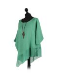 Italian Asymmetric Necklace Embellished Lagenlook Linen Top-Bottle green side