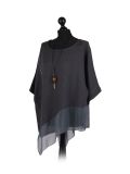 Italian Asymmetric Necklace Embellished Lagenlook Linen Top-Charcoal side
