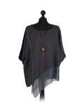 Italian Asymmetric Necklace Embellished Lagenlook Linen Top-Charcoal