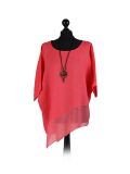 Italian Asymmetric Necklace Embellished Lagenlook Linen Top-Coral
