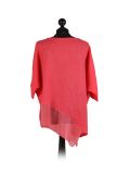 Italian Asymmetric Necklace Embellished Lagenlook Linen Top-Coral back