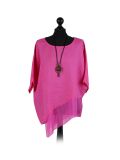 Italian Asymmetric Necklace Embellished Lagenlook Linen Top-Fuchsia