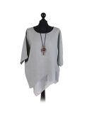 Italian Asymmetric Necklace Embellished Lagenlook Linen Top-Khaki