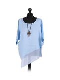 Italian Asymmetric Necklace Embellished Lagenlook Linen Top-Light blue