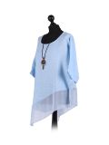 Italian Asymmetric Necklace Embellished Lagenlook Linen Top-Light blue side