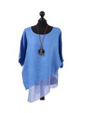 Italian Asymmetric Necklace Embellished Lagenlook Linen Top-Light denim