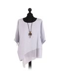 Italian Asymmetric Necklace Embellished Lagenlook Linen Top-Light grey