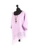 Italian Asymmetric Necklace Embellished Lagenlook Linen Top-Lilac side