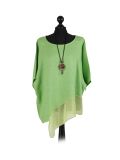 Italian Asymmetric Necklace Embellished Lagenlook Linen Top-Lime green