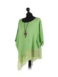 Italian Asymmetric Necklace Embellished Lagenlook Linen Top-Lime green side